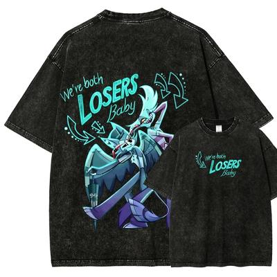 T-shirt con Stampa Grafica Coppia Hazbin Hotel Uomo Donna Outfit Coordinati Moda Vintage Cotone Lavato Maglietta Larga Casual Oversize