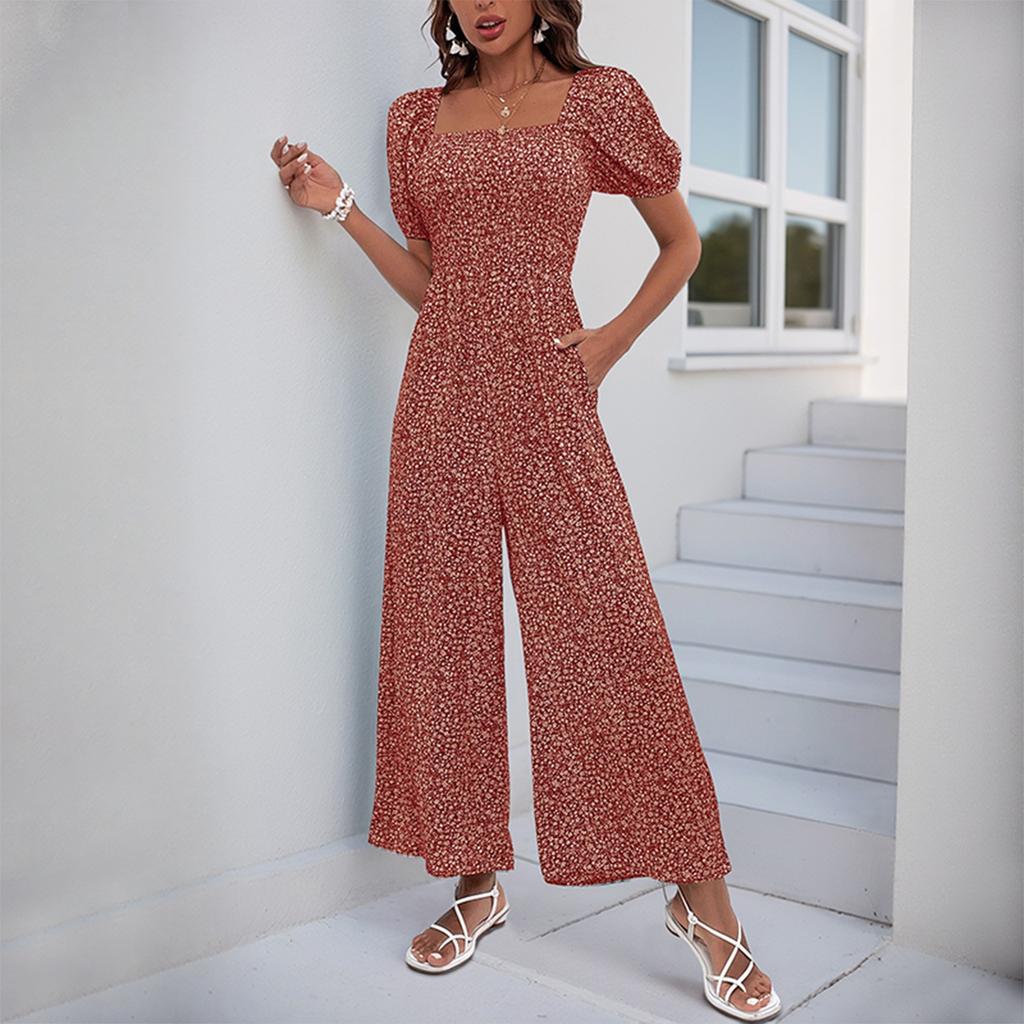 Women's Square Neck Puff Sleeve Wide Leg Printed Jumpsuit