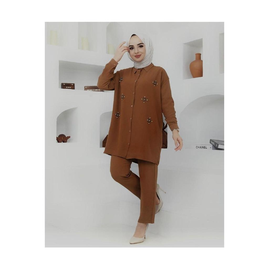 Women's Black Color Linen Shirt Collar Buttoned Bottom Top Set