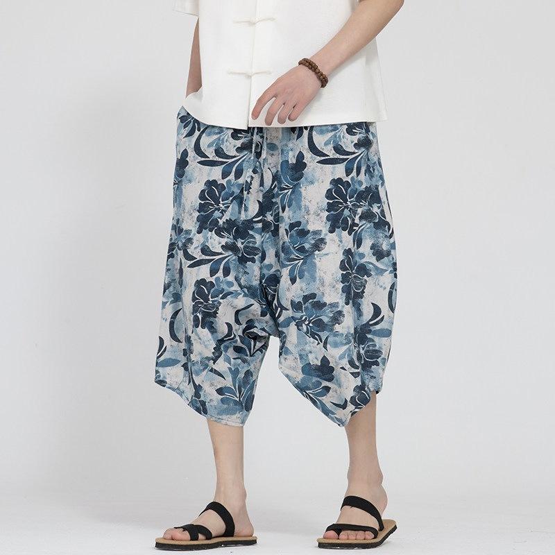 Chinese style men's summer new printed large pants beach pants large size trend loose zen seven-point Harlan pants