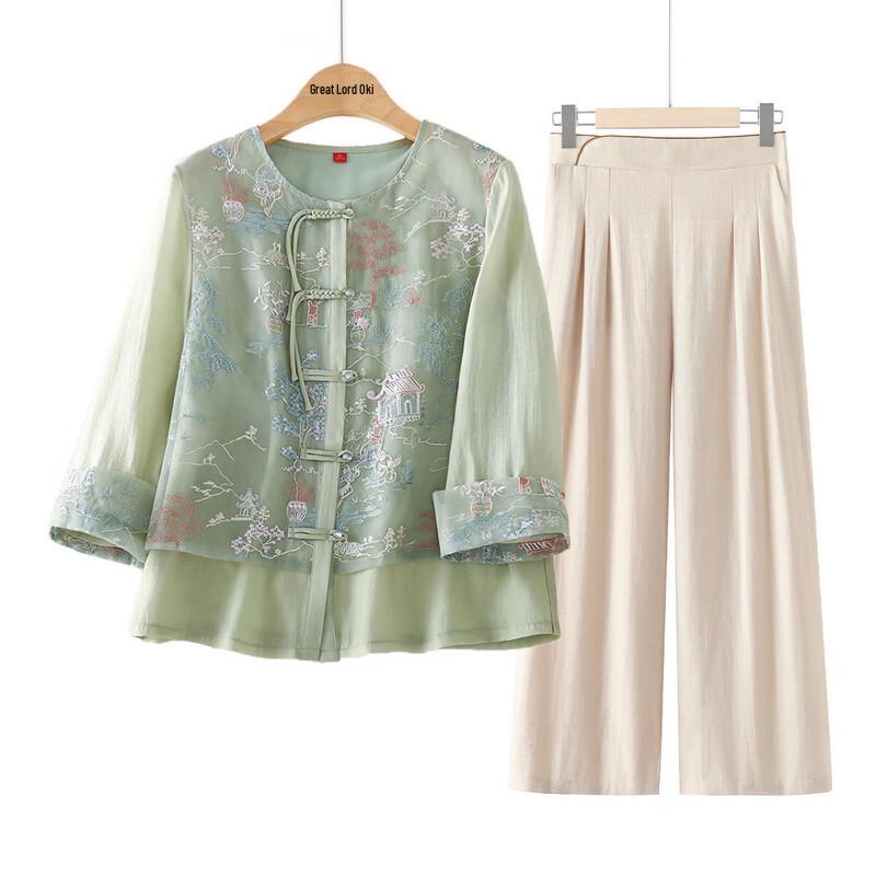 Elderly Women s Sky Blue Lightweight Round Neck Shirt Set XL