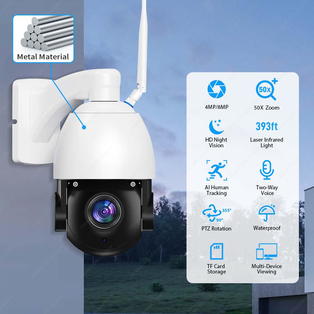 4K 8MP PTZ IP Outdoor 50X Zoom WiFi Surveillance Camera 120M IR Distance Security Protection Metal Shell Smart CCTV Cam