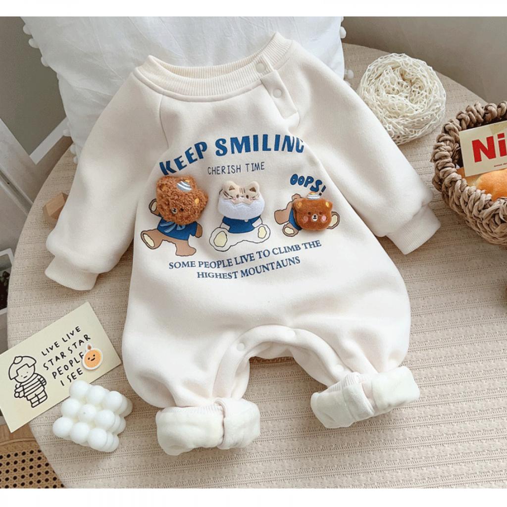 Neue Babykleidung Spätherbst und Frühwinter Strampler Cartoon Bär Fleecegefüttert Warmer Körperwärme-Anzug Baby Verdickte Kleidung
