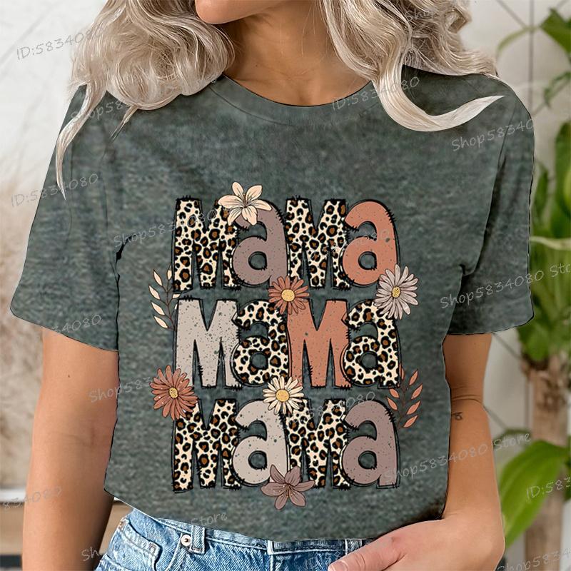 Fashion Funny Leopard Mama Flower Print Kids Short Sleeves T-Shirt Loose Casual Summer Outdoor Street Boy and Girl Tees Tops