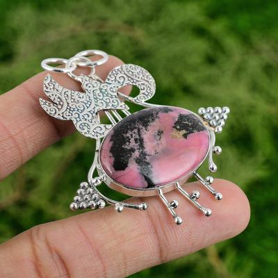 925 Silver Oval Rhodonite Gemstone Handcrafted Engagement Bezel Pendant Jewelry