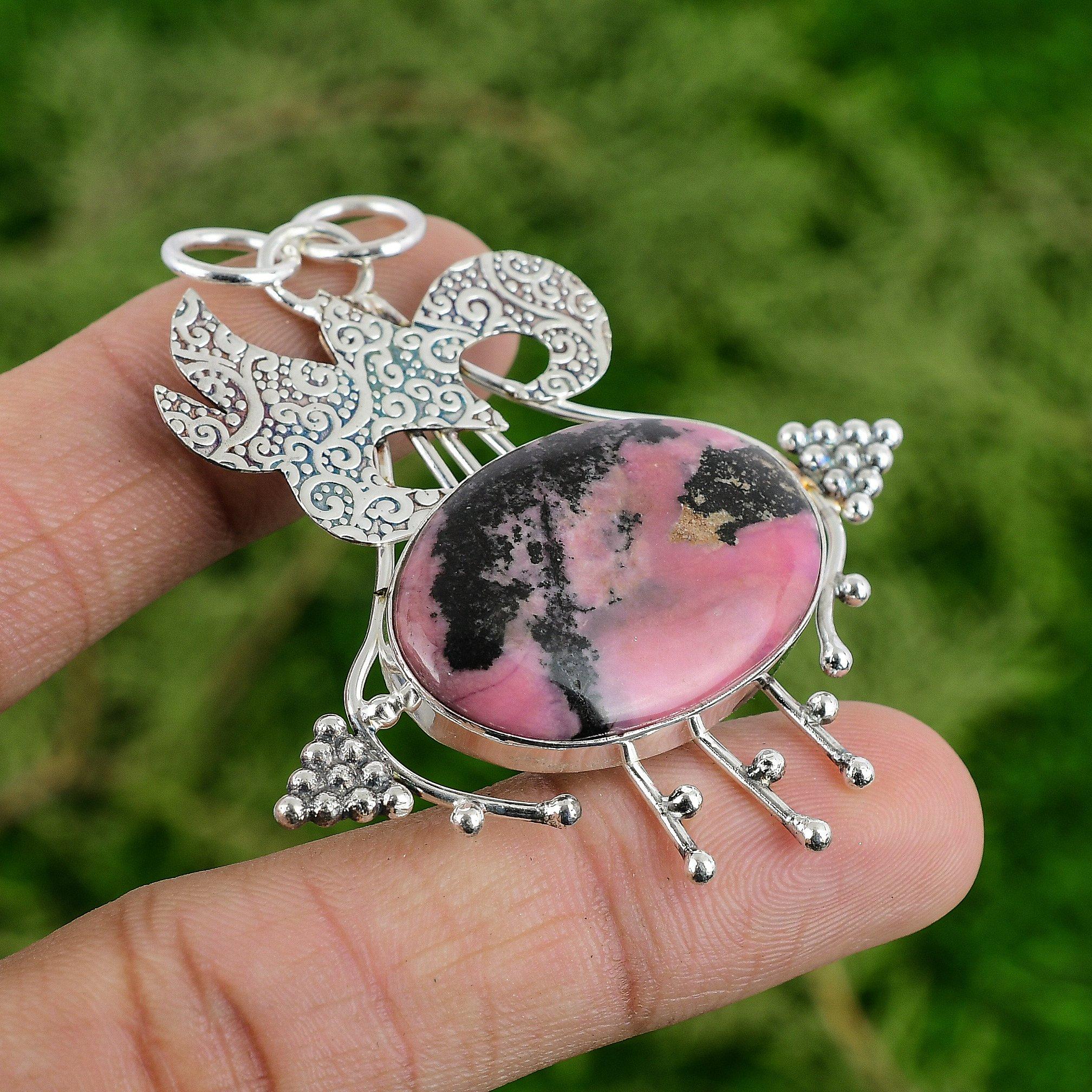 

925 Silver Oval Rhodonite Gemstone Handcrafted Engagement Bezel Pendant Jewelry