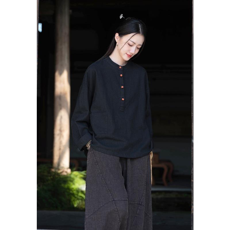 Spring and Summer Cotton and Linen Women's Linen Stand-up Collar Color Matching Plate Buckle Pullover Plus Size Blouse Women's Cotton and Linen Shirt