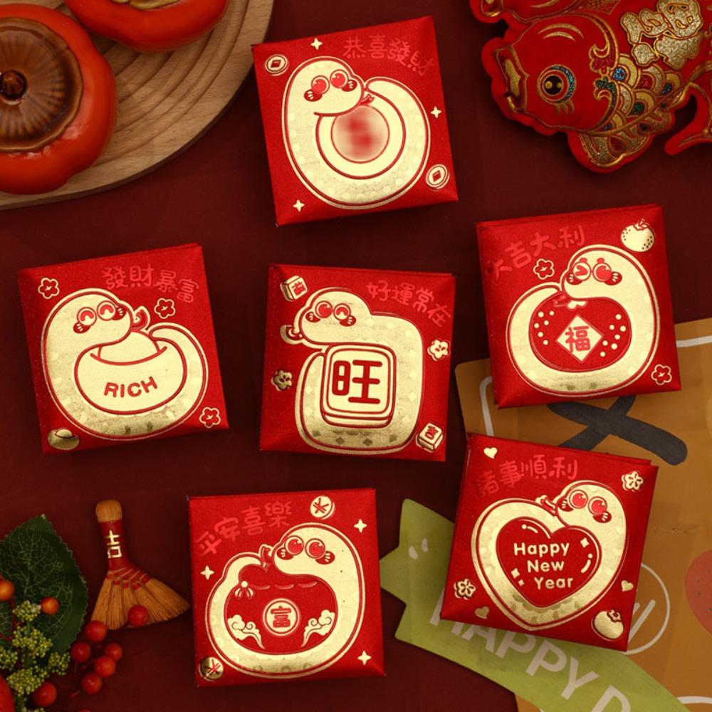 6pcs Blessings Printing Lucky Money Bag Solid HongBao Cartoon Red Packet Year of The Snake