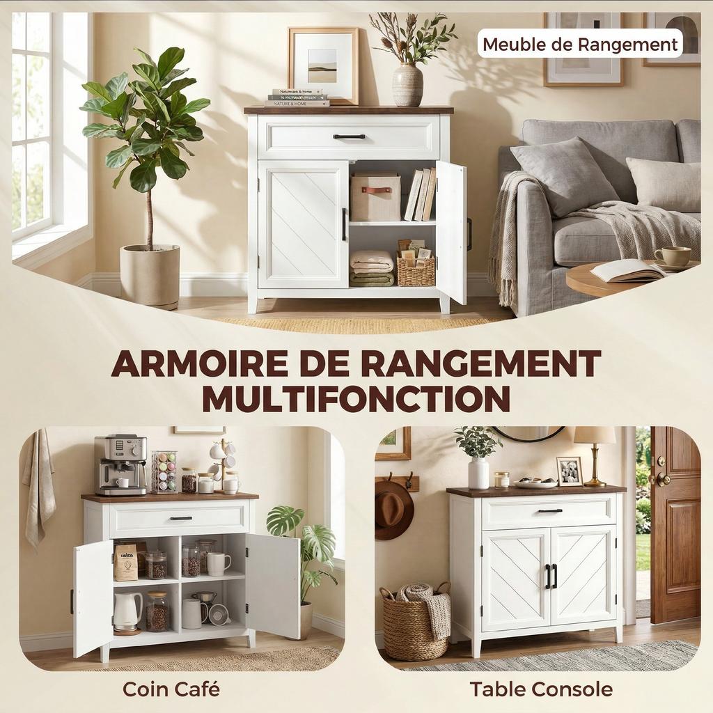 Living Room Sideboard, 2 Doors, Drawer, Adjustable Shelf, 76 x 35 x 80 cm, White