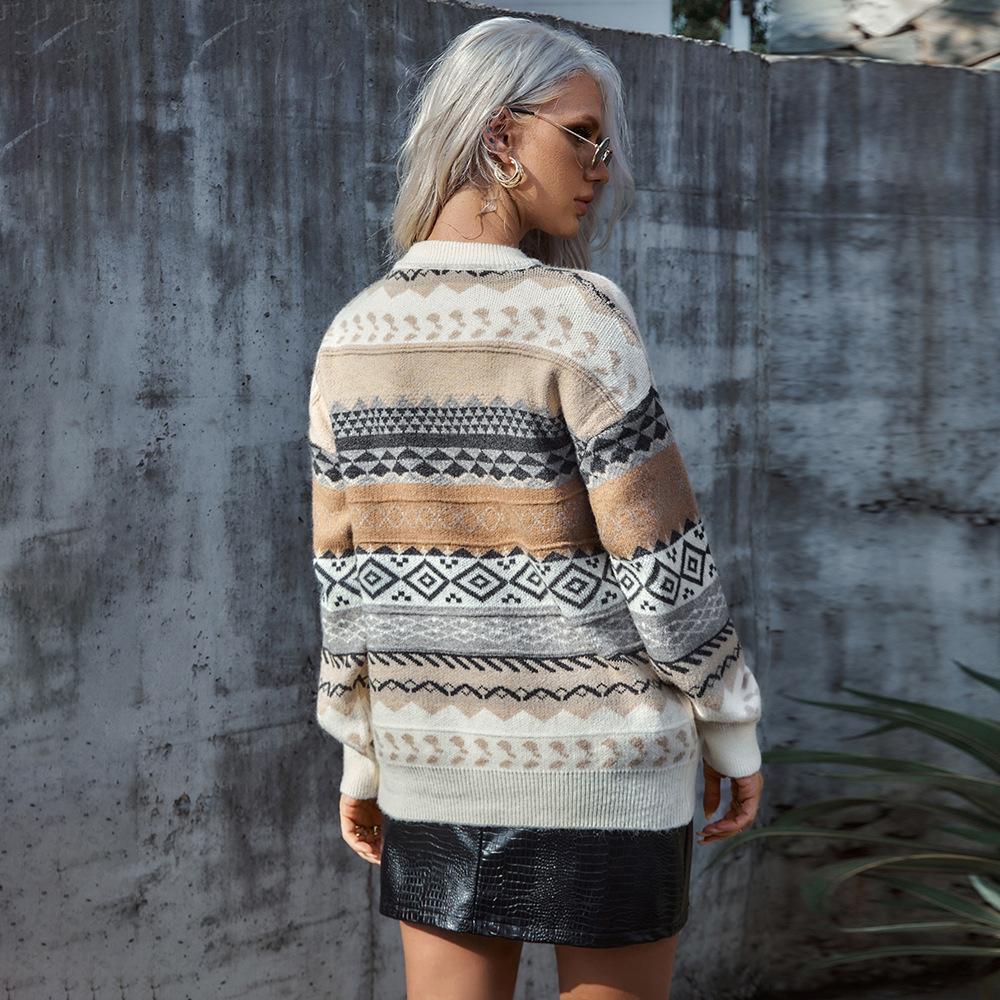 Damen Herbst und Winter Strickpullover mit Rautenmuster Lässiger, lockerer Pullover