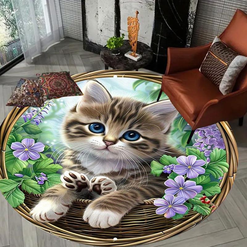 Whimsical Cat Circular Rug Cute Kittens Colorful Floral Design Home Decor Round Carpet Soft Non-Slip Floor Mat for Living Room