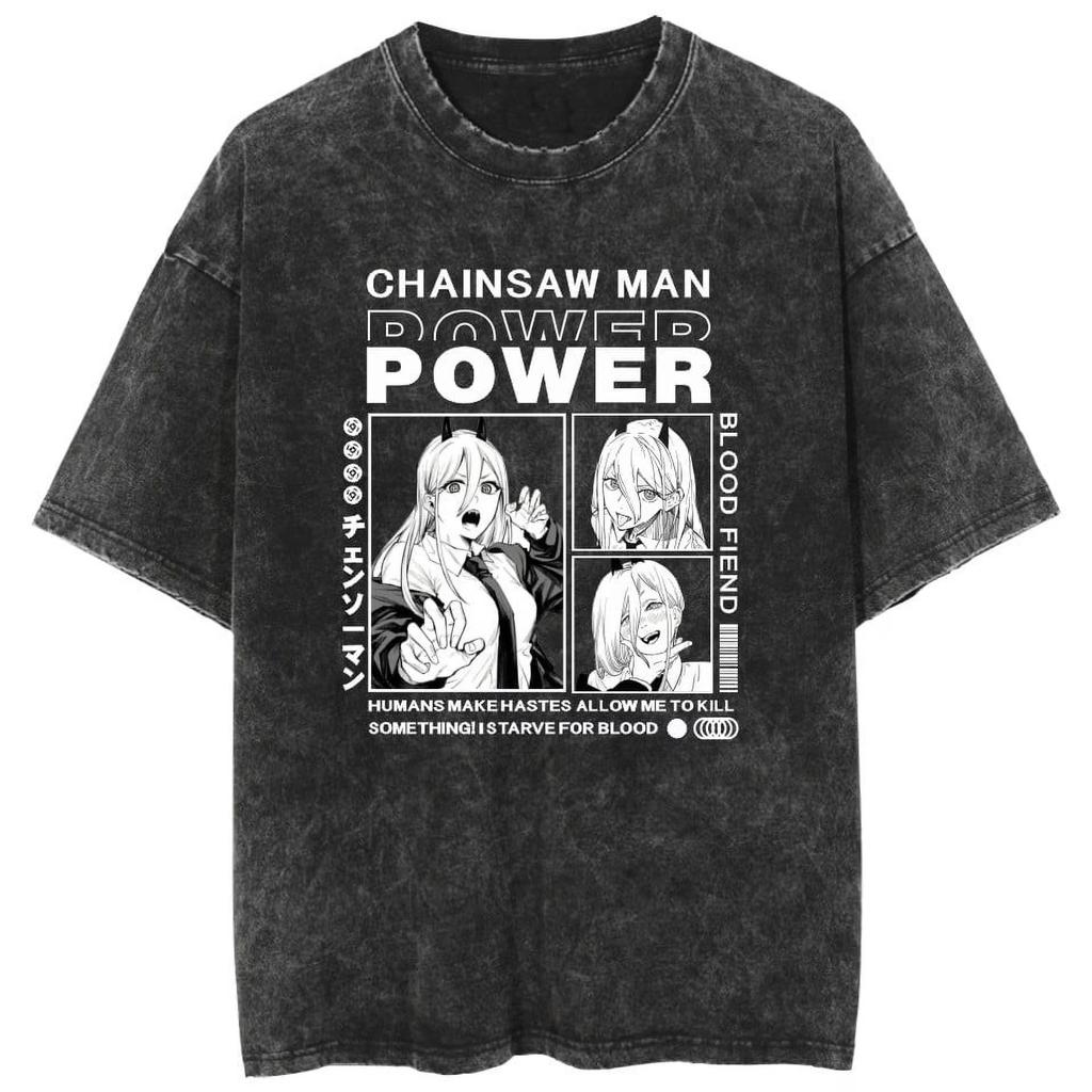 Kettensägenmann Power Anime Bedrucktes T-Shirt für Herren und Damen Gewaschenes T-Shirt Hohe Qualität Vintage Baumwoll-T-Shirt YK Tops
