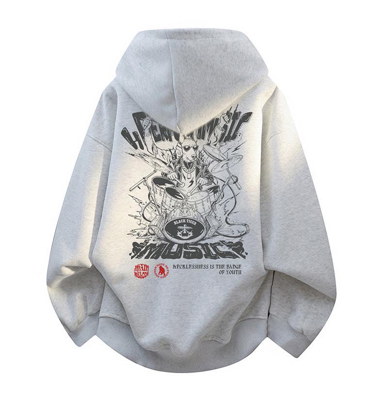 Men's Trendy American-Style Fleece-Lined Winter Hoodie – Thick, Warm, Printed, Loose Fit Jacket