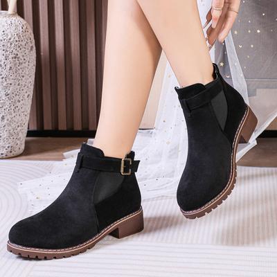 Herbst- und Winter-Schuhwerk Übergröße Dicke Sohle Kurzer Schaft Dicker Absatz Retro Runde Spitze Gürtelschnalle Damenstiefel Damenschuhe