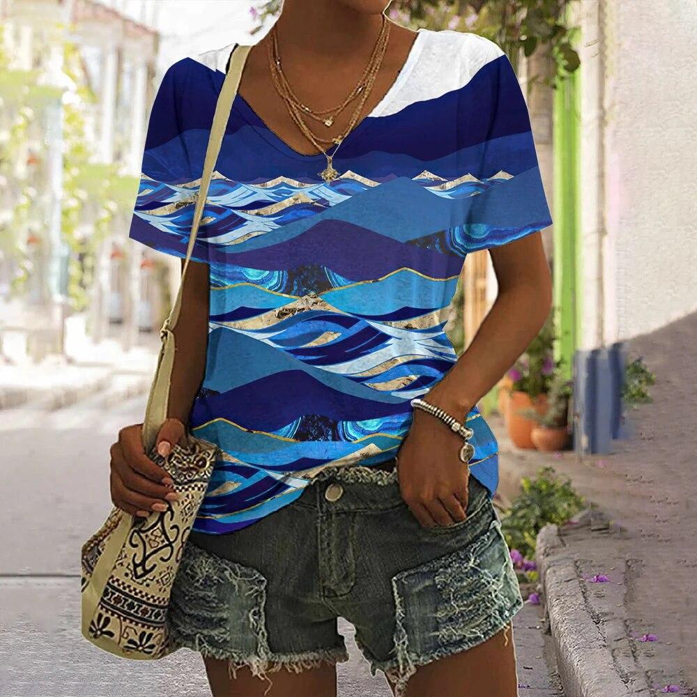 Gestreiftes T-Shirt für Damen, neue einfache Kleidung, lässig, V-Ausschnitt, kurzärmelig, T-Shirt, Harajuku, Retro-Druck, Damen-T-Shirt, Sommer