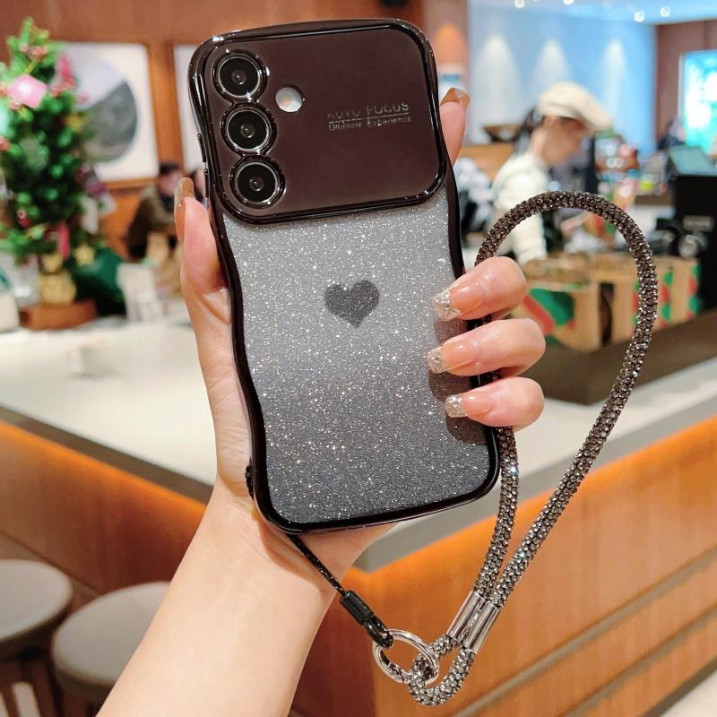 

Чехол для Samsung Galaxy S25 с ремешком, гальванизированный ТПУ чехол для телефона, градиент с блестками в виде сердца Black