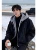 Men's Winter Lychee Pattern PU Leather Hooded Jacket with Fur Collar and Velvet Lining