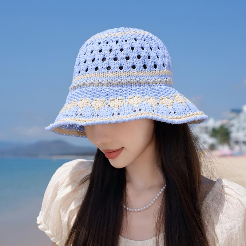 

Fashion bucket hat casual versatile washbasin hat summer knitted hollow breathable sunscreen bucket hat
