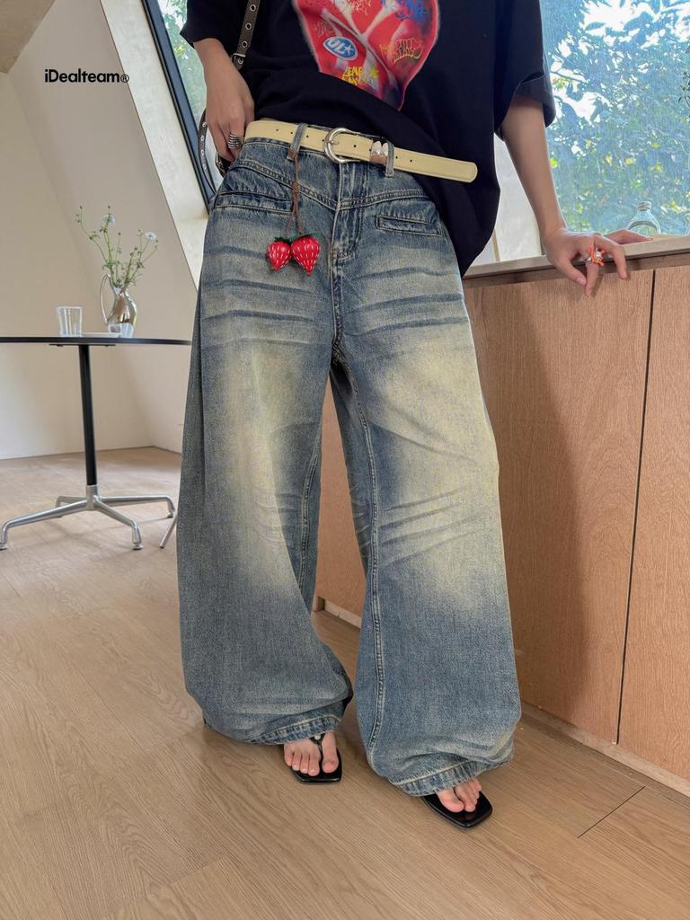 INSS Retro Washed American Style Loose Wide-Leg Denim Pants Women, Floor-Length, Spring 2026 #900501