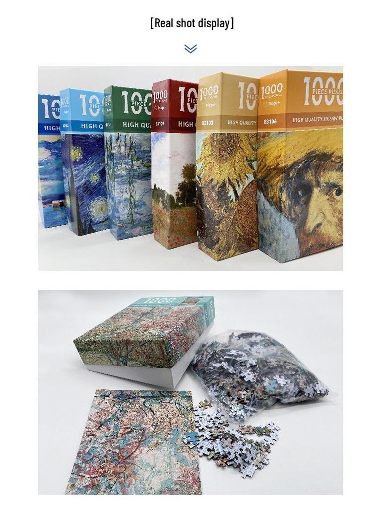 1,000-Piece High-Difficulty Jigsaw Puzzle for Adults - Stress Relief and Boredom Buster Featuring Famous Van Gogh Oil Paintings.
