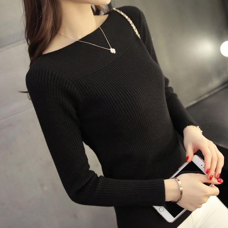 One-line Collar Knitted Sweater Bottoming Shirt Women's Slim Fit Fashion Top Tight Knit Sweater