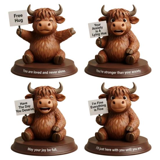 Highland Cow Figurine Emotional Support Highland Cow Statue Resin Cow Ornament with Funny Quotes Straight-Talking Companion for Desk Bookshelf Decor
