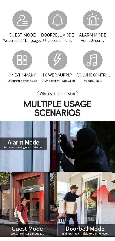 Smart Infrared Sensing Doorbell with Time Display, Multiple Ringtones, and LED Flash Reminder.