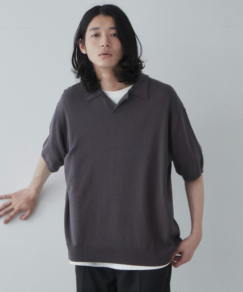 WEGO Skipper Short Summer Knit Loose Oversized Korean Size Dark Gray Men's Shirt, Sleeve, Top, T-Shirt, Clothes, Polo, Simple, Fit, Silhouette,