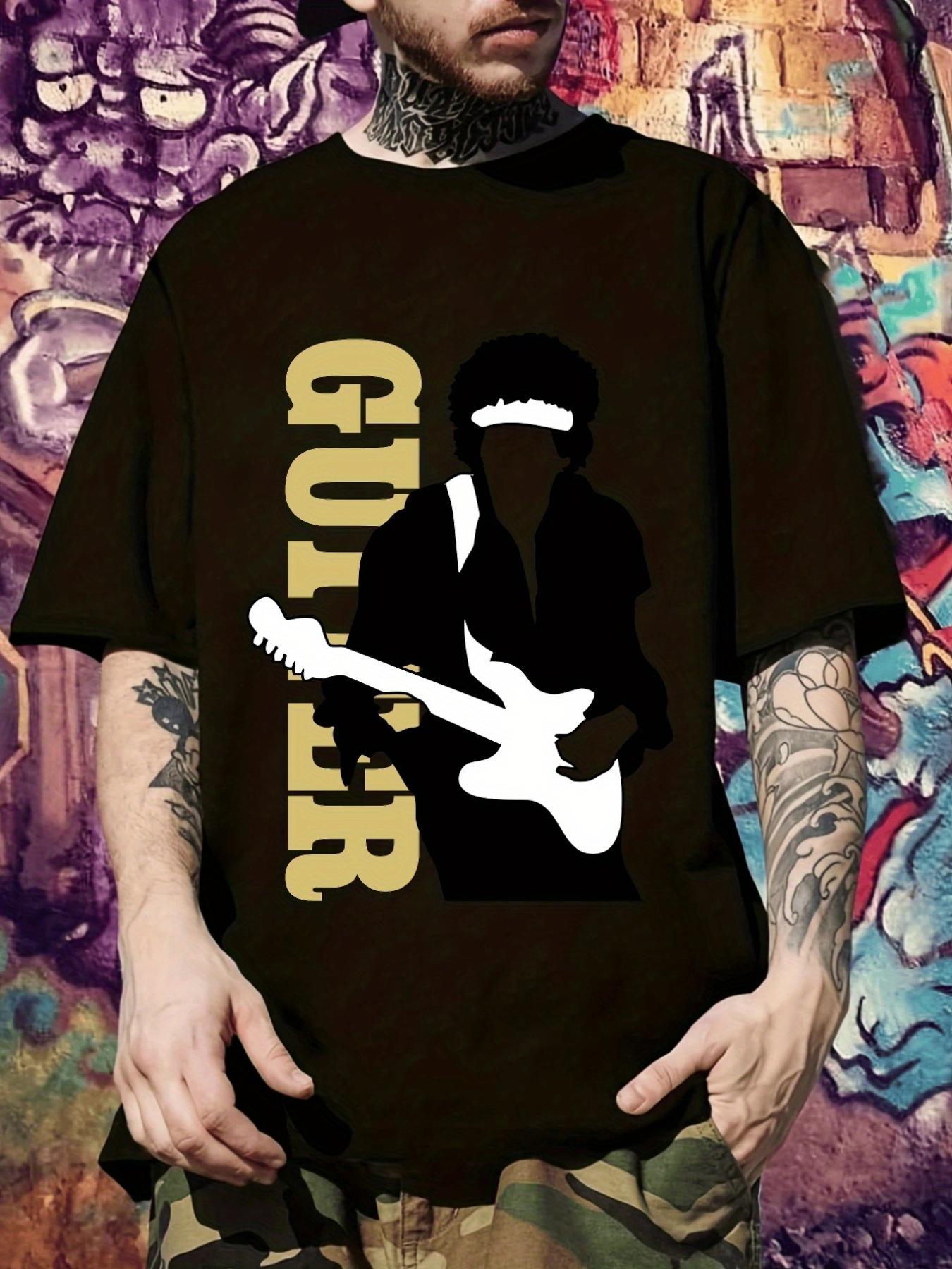Rock Band Graphic T-shirt - Guitarist Design with Bold  GUITAR  Text - Black Tee for Concerts M
