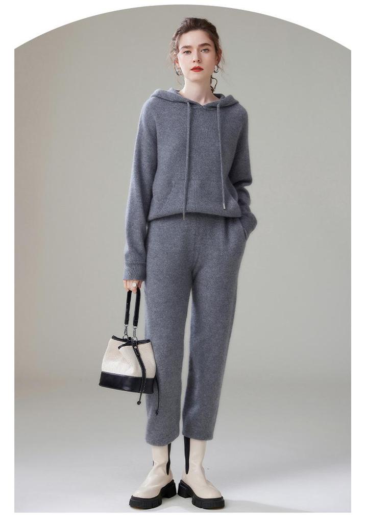 Women's Loose Fit Hooded Cashmere Sweater Set - 2026 Autumn/Winter Solid Color Gentle Style Base Layer.