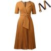 Elegant V-neck Pleated Plus Size Short Sleeve Dress