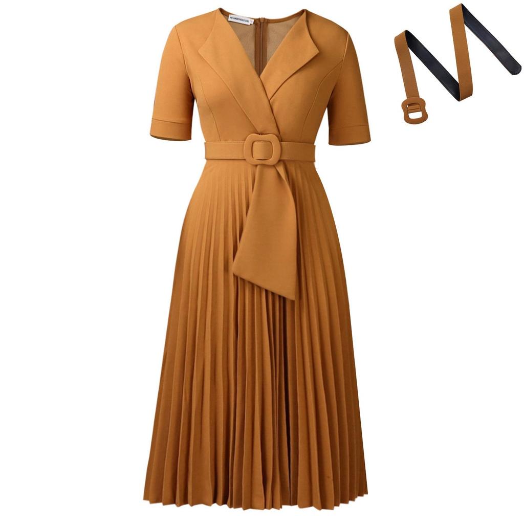 Elegant V-neck Pleated Plus Size Short Sleeve Dress