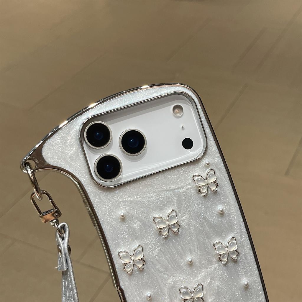 Elegant Pearl & Butterfly Shoulder Phone Case for iPhone 12-17 Series — Adjustable Strap, Mirror Metallic Frame