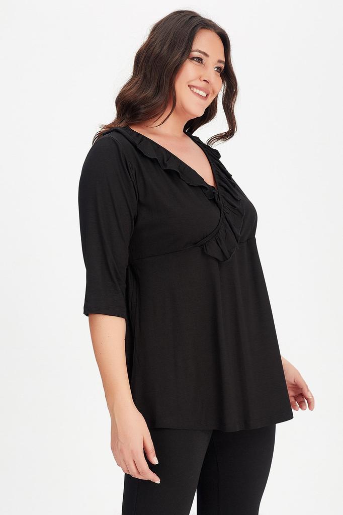 Damen Bluse in Übergröße Schwarz Übergröße Zweireihig Rüschenkragen Dreiviertelarm Bluse