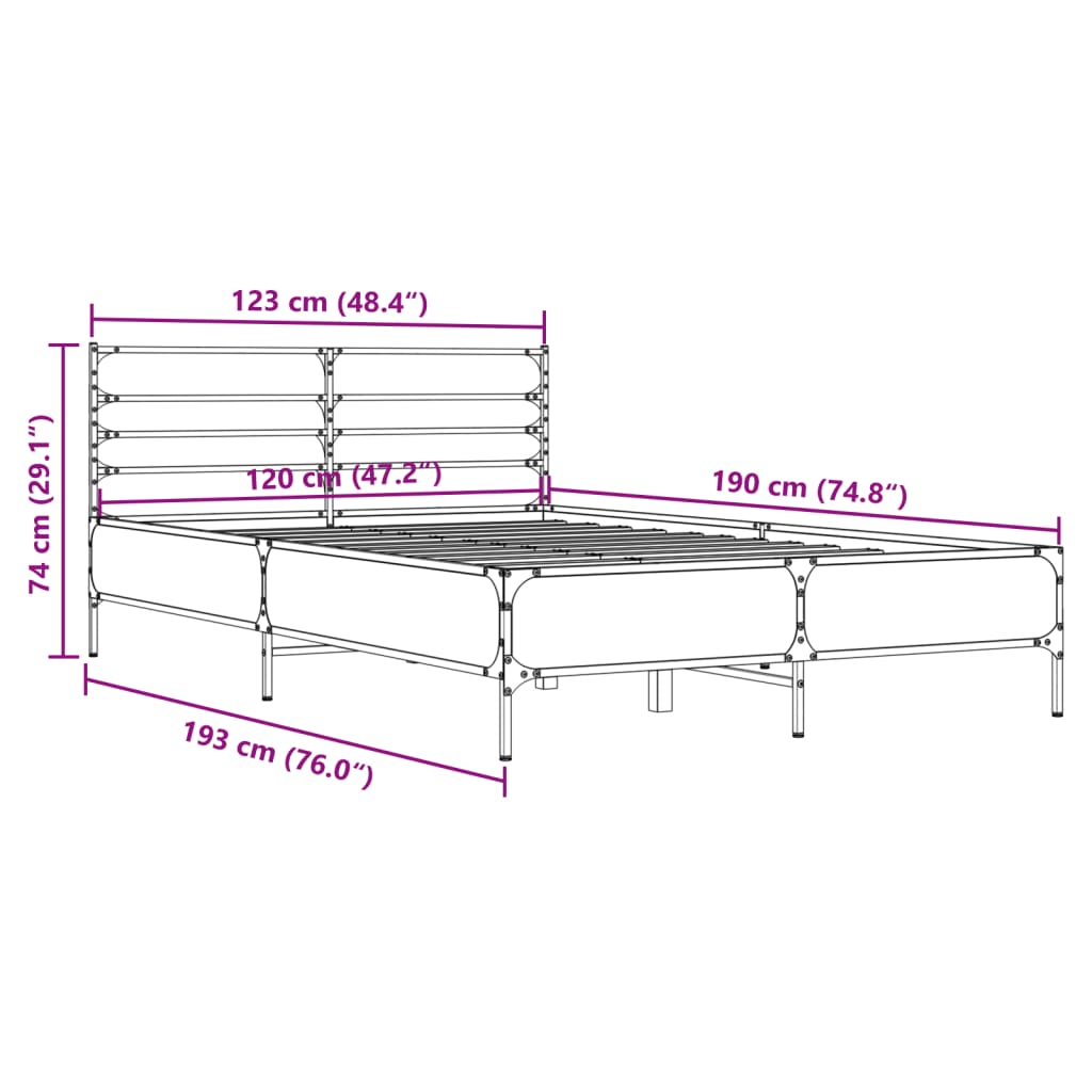 Bed Frame Gray Sonoma 120 x 190 cm Particleboard and Metal
