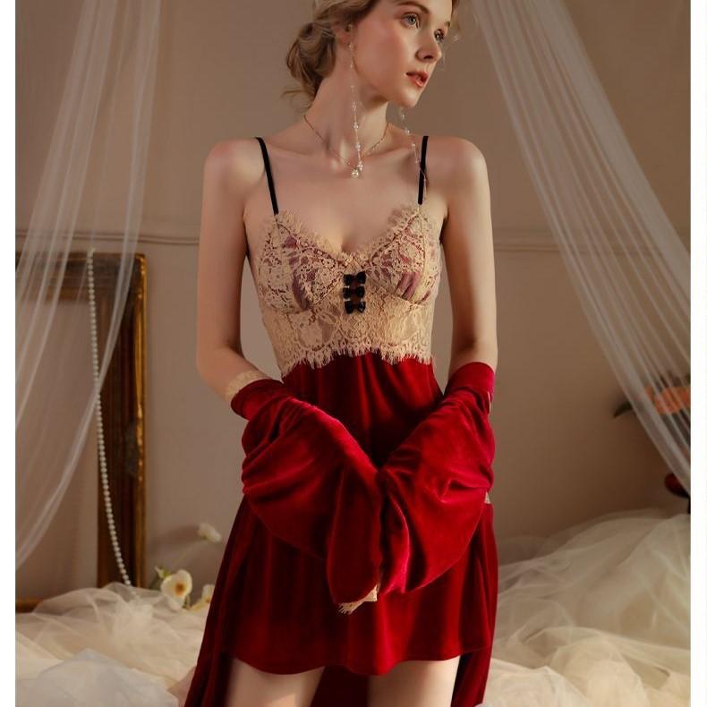 Sexy Lace Kimono Bathrobe Dress Autumn and Winter Velvet Two-piece Pajamas Loose Velvet Home Clothes Women's Home Clothes