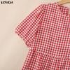 VONDA Women V Neck Puff Sleeve Plaid Print Ruffled Casual Loose Tunic Dress
