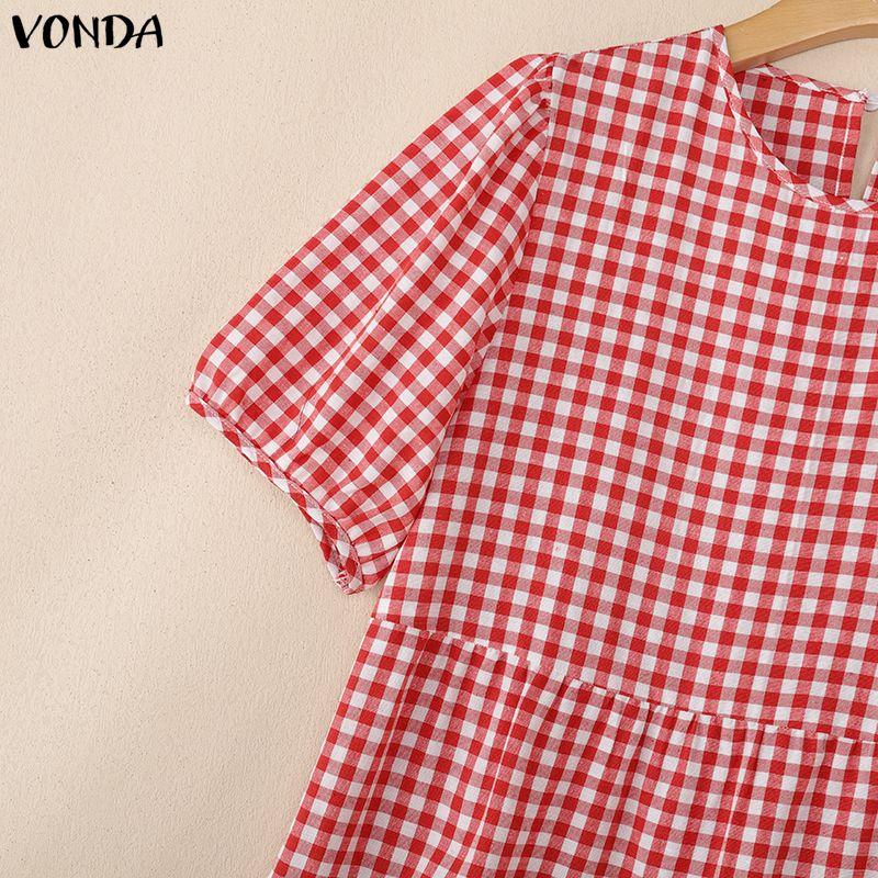 VONDA Women V Neck Puff Sleeve Plaid Print Ruffled Casual Loose Tunic Dress
