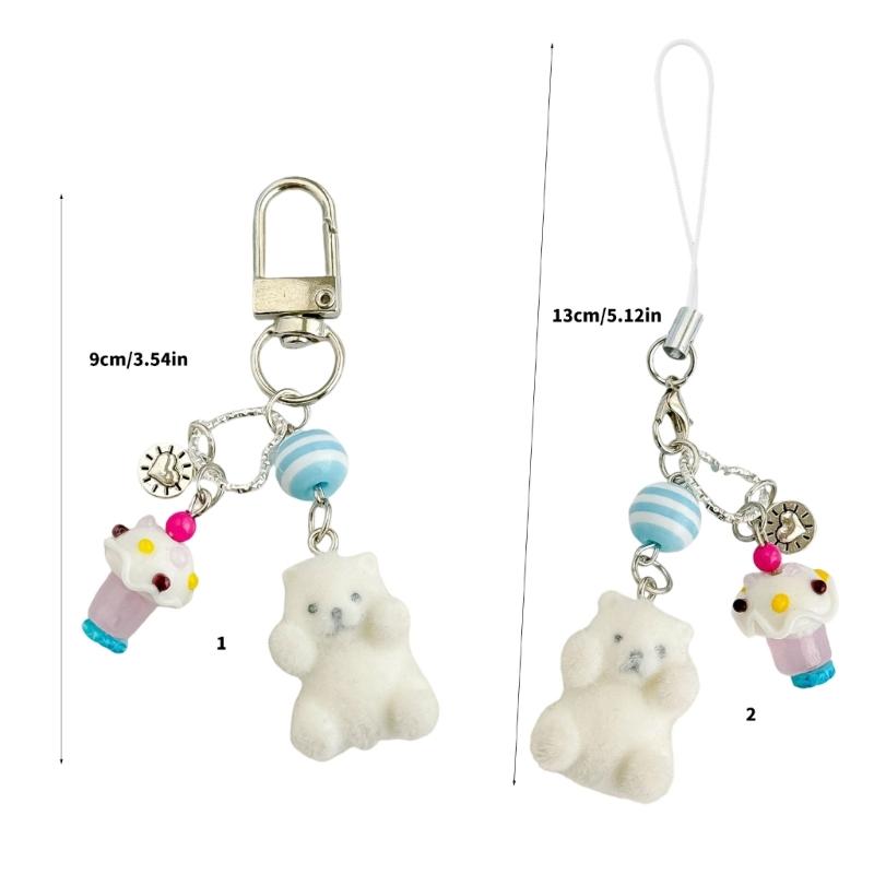 Cute Ice Cream Keychain Soft Flocking Bear Pendant Charm Phone Chain Beaded Lightweight Decoration For Women Gifts
