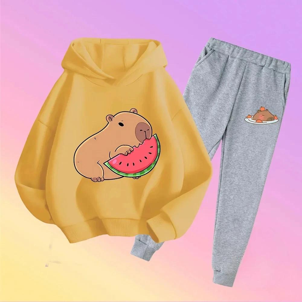 Autumn Winter New Capybara Cartoon Print Outfit Kids Hoodie Set Boys Girls 3-17 Casual Fashion Children's Set Trousers Pant Suit