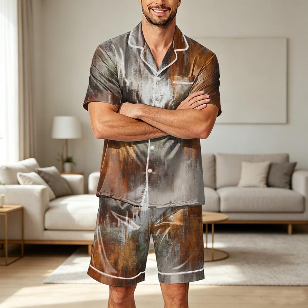 Men's Satin Short Sleeve Pajama Set Two Piece Sleepwear with Button Front Shirt and Shorts with Pockets Soft Lightweight Lounge Wear