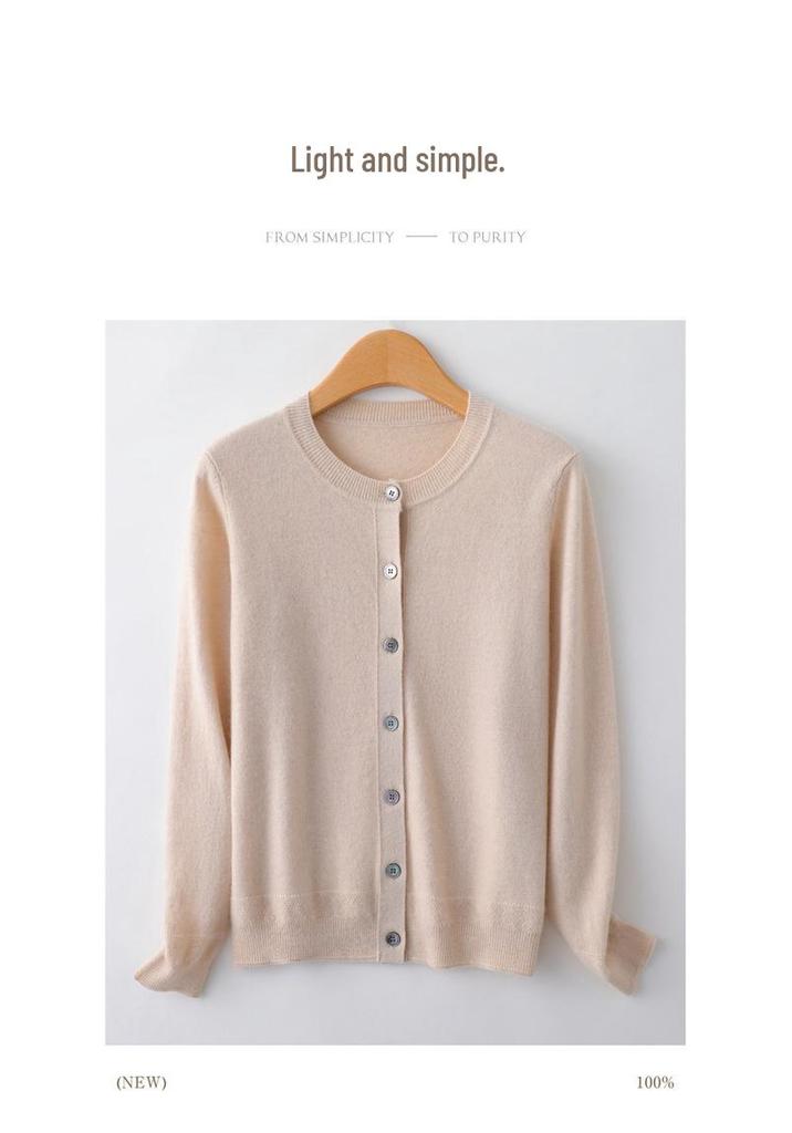 Women's 100% Pure Cashmere Round Neck Cardigan - Single-Breasted, Short Loose Knit Sweater