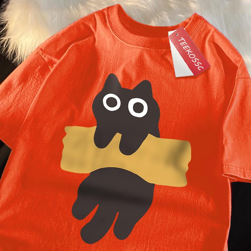 Fun Adhesive Tape Cat Print Japanese Style Short Sleeve Men Women Cotton Oversized T-Shirts Oversized O-Neck New Tops Tees