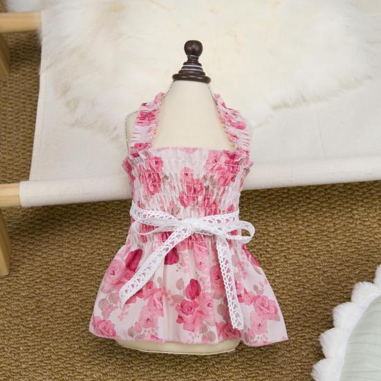 Dog Princess Dress with Floral Pattern Ruffle Sleeveless Puppy Summer Dress with Lace Bow Elastic Breathable Pet Clothes for Small Dogs Cats