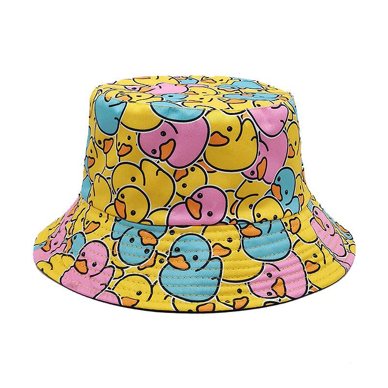 1PC Four Seasons New Yellow Duck Double Sided Printed Fisherman's Hat For Couples Japanese Style Trendy Versatile Sunscreen Hat