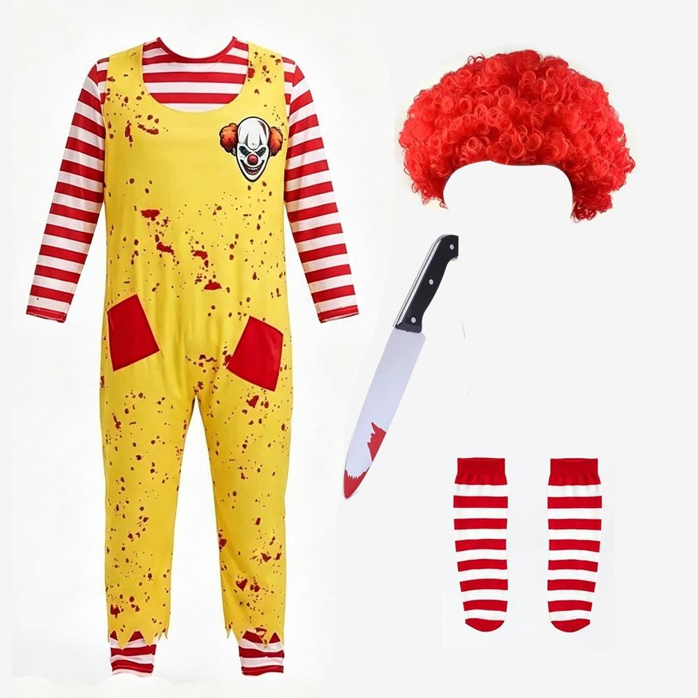 Halloween Scary Clown Costume Striped Jumpsuit Set for Adults Men Women, Creepy Cosplay Outfit for Party Stage Performance