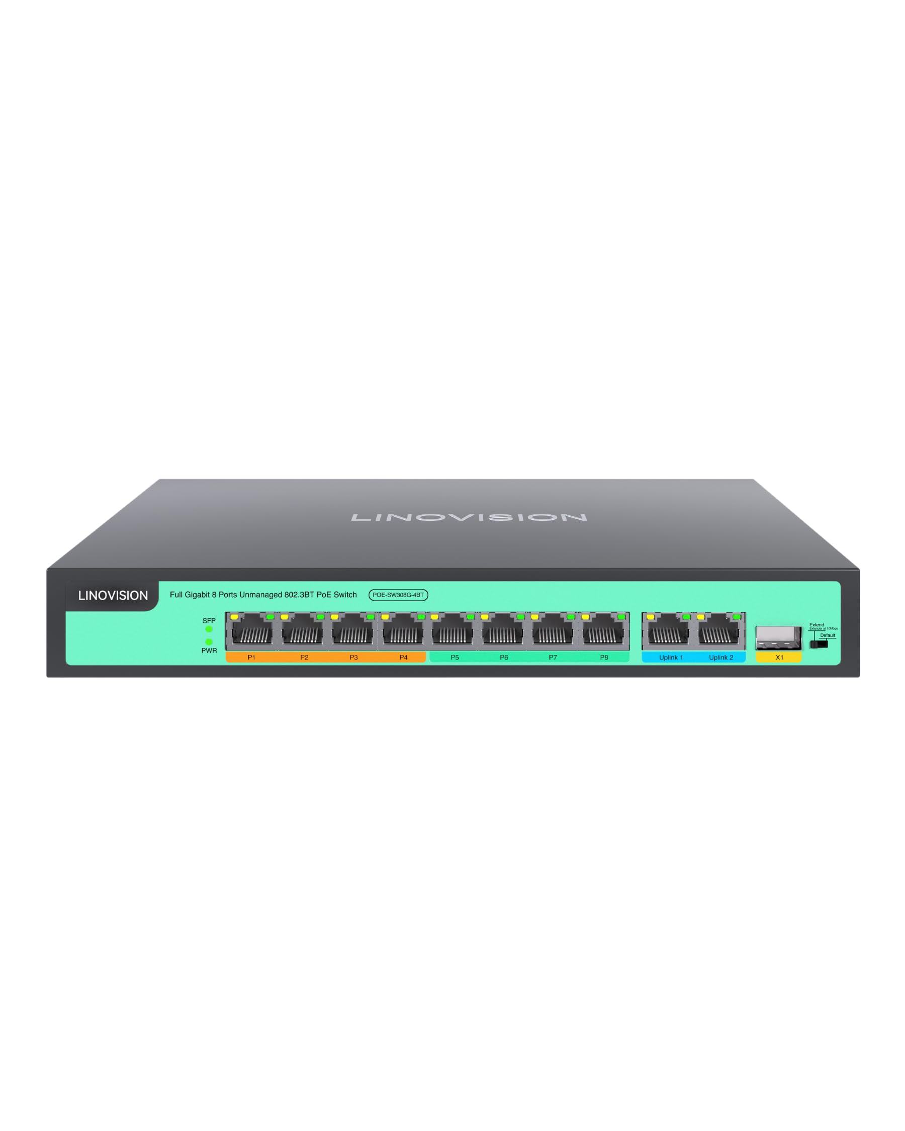 

LINOVISION Full Gigabit 4 BT 90W 4 30W 2 GE and 1 Gigabit SFP IEEE total power budget 90W output on ports long range PoE 8-Port PoE++ Switch, ports,