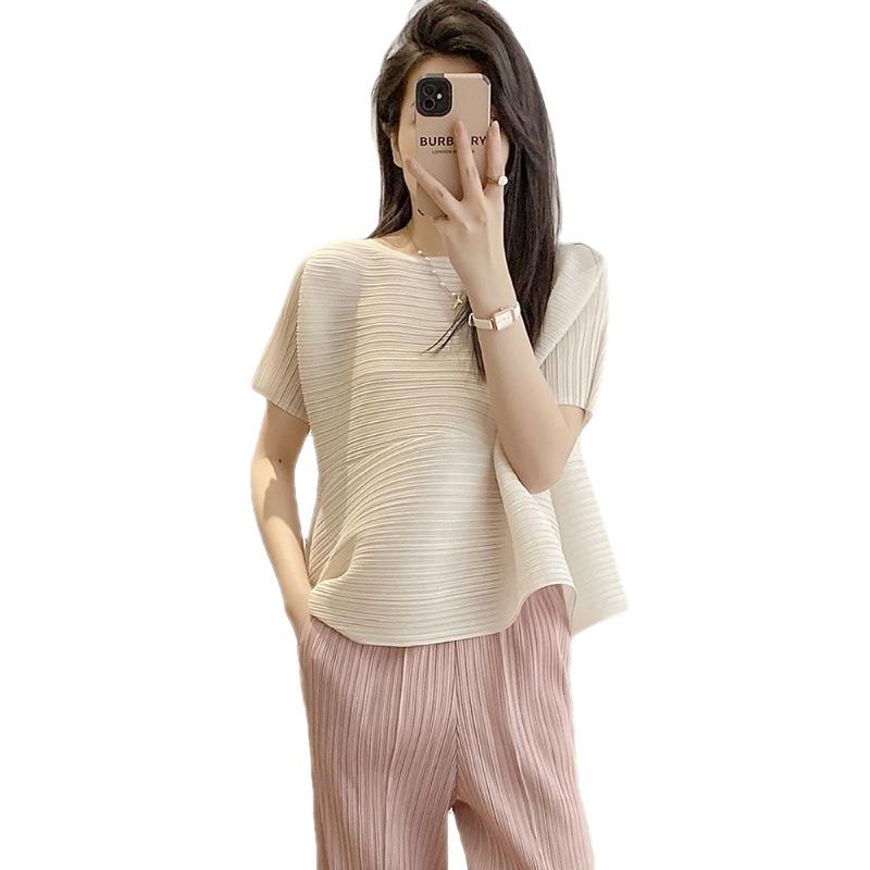 Miyake Pleats Women's High-End Plus Size Stretch T-Shirt - 2025 Summer Trend