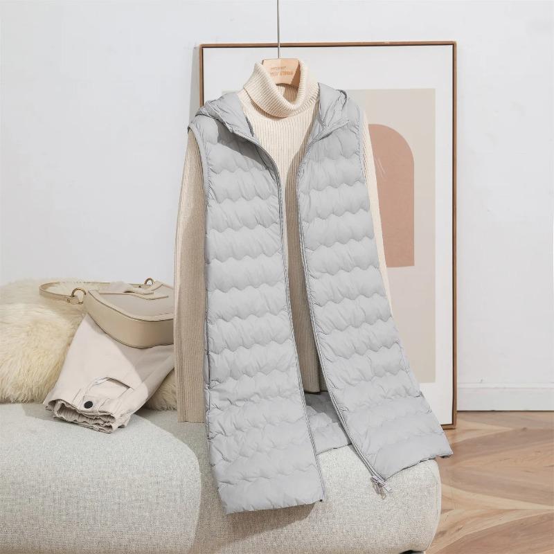 Light Thin Down Vest Women Winter Long Quilted Hooded Jackets Slim Waistcoat Autumn Basic Parkas