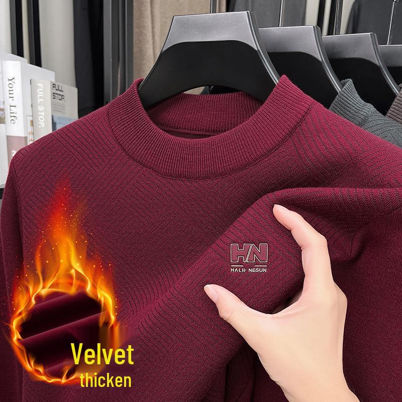 Men's Thick Plush Fleece Knit Top - Round Neck, Warm Base Layer for Winter/Autumn